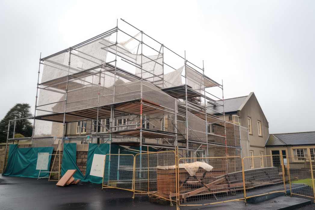 school with scaffolding and safety nets in place for maintenance project